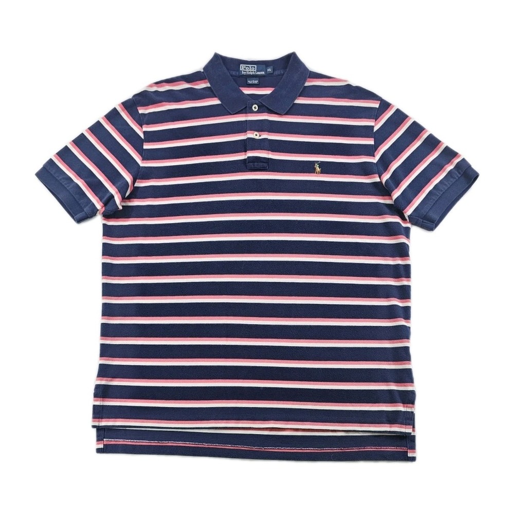 Vintage Polo Ralph Lauren Mens XL Blue Pink White Stripe Flesh Pony Golf Shirt